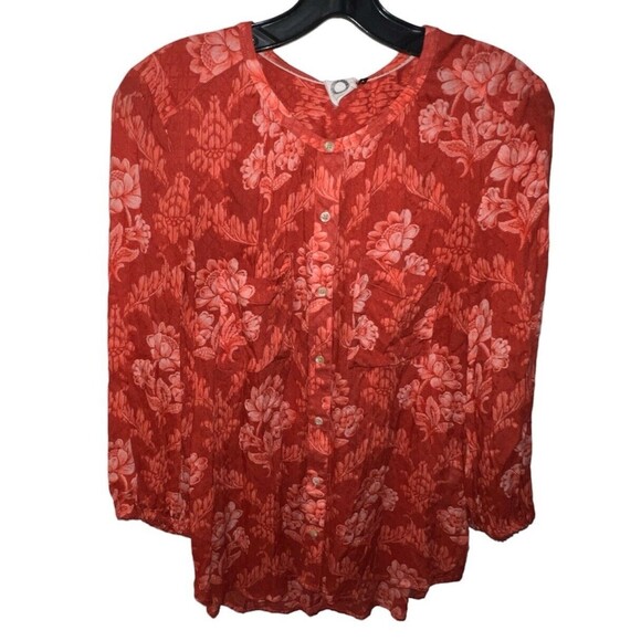 Akemi + Kin Anthropologie Coconino Lotus Floral Button Front Coral Blouse M - Picture 1 of 8